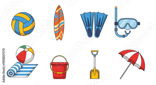 Beach icon set features summer vacation items on sand