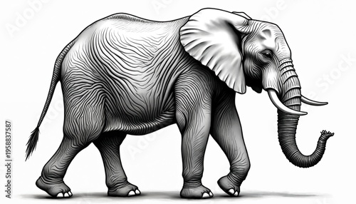 Monochrome illustration of African elephant side profile walking. Detailed line art shows massive pachyderm with trunk and tusks. Isolated graphic depicts wild animal in motion.