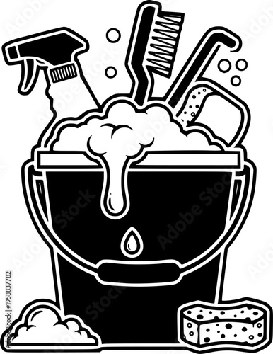 ofvs324 OutlineFilledVectorSign ofvs - cleaning vector icon . bucket with cleaning items and foam . sign . isolated transparent . black outline and filled version . AI 10 / EPS 10 / PNG . g11664