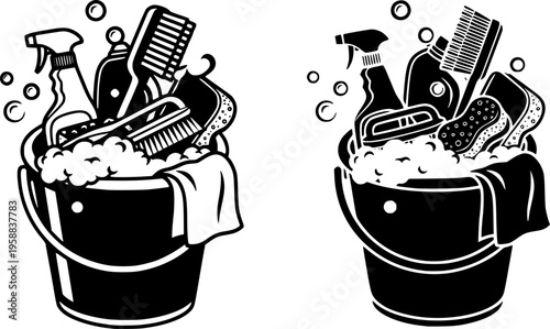 ofvs324 OutlineFilledVectorSign ofvs - cleaning vector icon . bucket with cleaning items and foam . sign . isolated transparent . black outline and filled version . AI 10 / EPS 10 / PNG . g11664