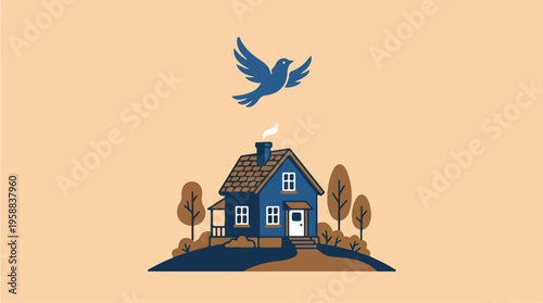 Blue House With Bird Flying.
