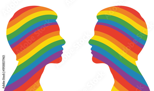 Dos siluetas de perfil humano frente a frente con franjas de colores del arcoíris