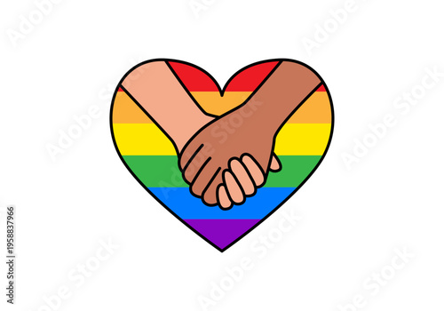 Dos manos entrelazadas de diferentes tonos de piel dentro de un corazón con los colores del arcoíris lgbtq