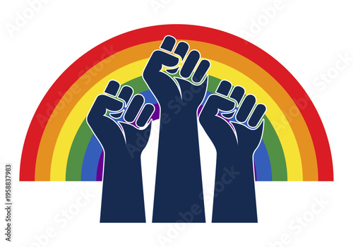 Tres puños en alto frente a un arcoíris para el orgullo lgbtq+