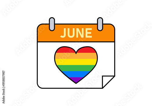 Calendario del mes de junio con un corazón con los colores del arcoíris para el mes del orgullo lgbtq