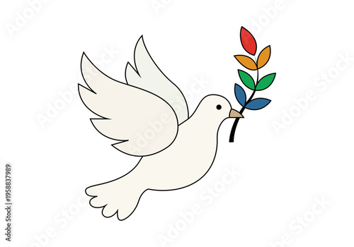 Paloma blanca volando con una rama de olivo con los colores del arcoíris del orgullo lgbtq en el pico