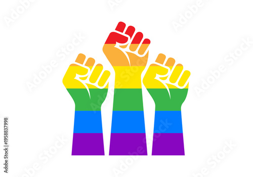 Tres puños en alto con los colores del arcoíris del orgullo lgbtq