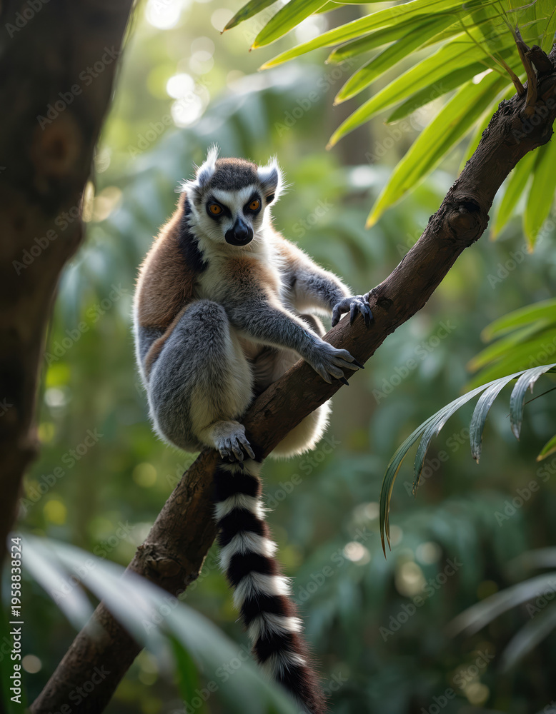 Naklejka premium Ring tailed lemur monkey climbs tree branch in tropical forest. Primate with striped tail looks intently. Wildlife mammal sits on wood in natural habitat.
