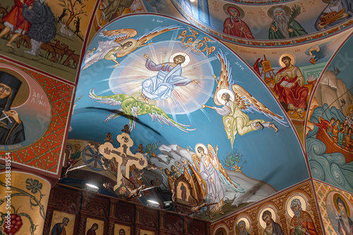 Canvas Print Byzantine art depicting Jesus Christ ascension with angels in Agios Nikolaos chu