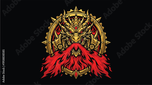 Golden devil head with flames.