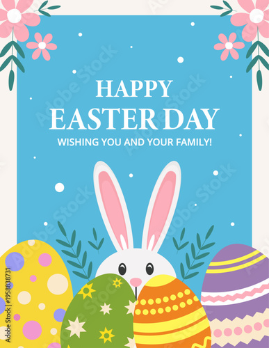 Happy Easter Greeting Card with Cute Bunny and Colorful Eggs. Happy Easter Banner Template.