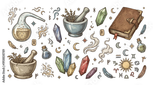 Hand Drawn Alchemy and Magic Elements Vector Set with Crystals, Mortar and Pestle, Potion Bottles, Old Grimoire, and Celestial Symbols in Vintage Engraving Style