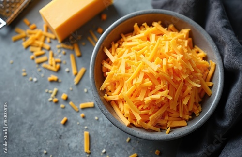 Bowl full of shredded yellow cheese with grater and block. Cheese strands ready for cooking. Delicious ingredient for meals, snacks, sauces, and toppings.