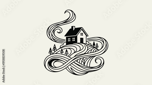House with swirling lines around.