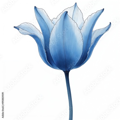 Delicate blue tulip sketch isolated on white background. Fine linework details create elegant floral art. Perfect for spring themes nature decor and beauty.