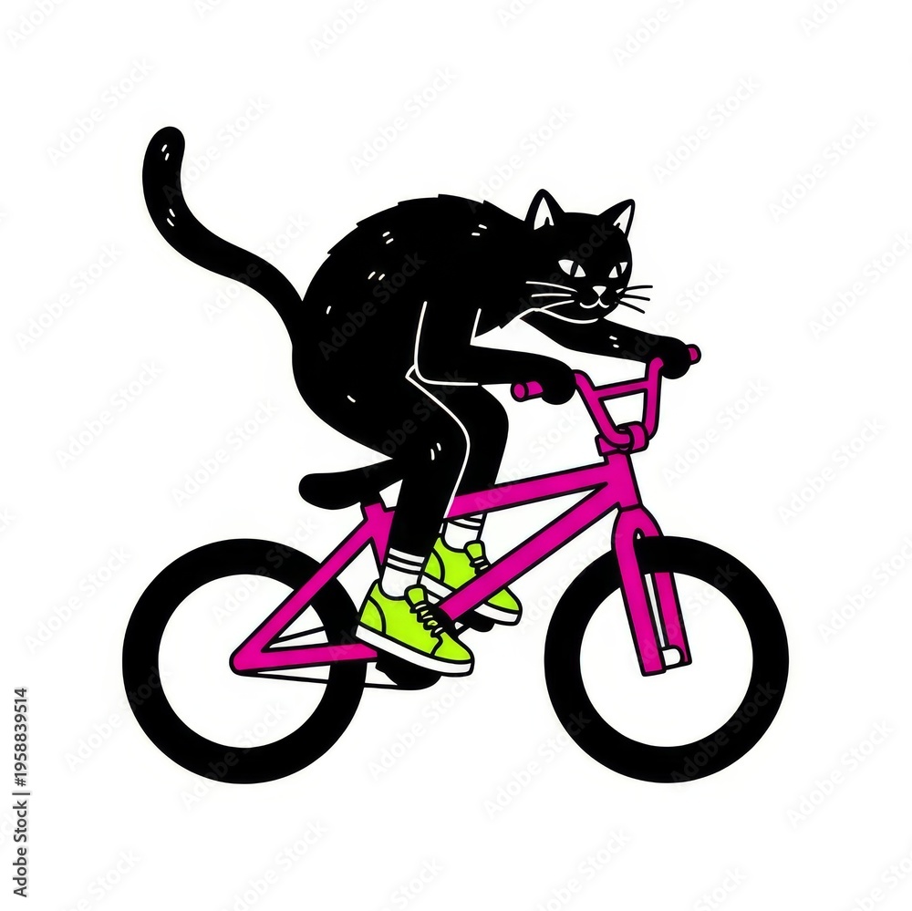 Fototapeta premium Funny Illustration of a Black Cat Riding a Pink BMX Bicycle, Cool Feline Wearing Neon Green Sneakers Cycling, Urban Street Art Style Cartoon on White Background