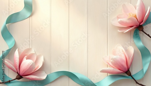Three pastel magnolia blooms with aqua ribbon weave over light wood planks. Gentle floral decoration for cards, invitations, or spring themes. Soft elegance for romantic feminine designs.