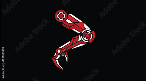 Red robotic arm on black.