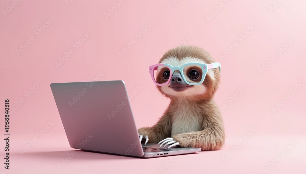 Fototapeta premium Cute sloth with glasses types on laptop. Funny animal works with tech on pink background. Remote work, business, humor concept. Online learning or work.