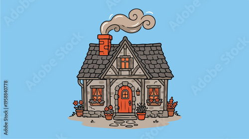 Small house with orange door.