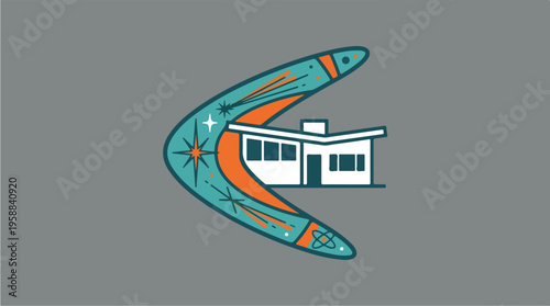 Surfboard with house graphic.