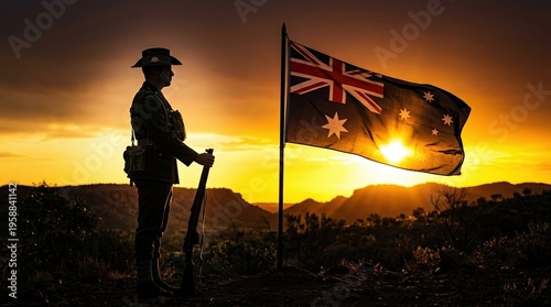 Anzac Day, Australia, Soldier, Australian flag, Silhouette, Sunset, Remembrance theme with a lone digger in a slouch hat standing at dusk in the outback to honor fallen heroes.