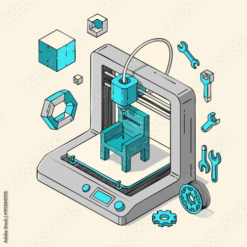 3D Printer Crafting a Miniature Chair with Tools and Geometric Shapes.
