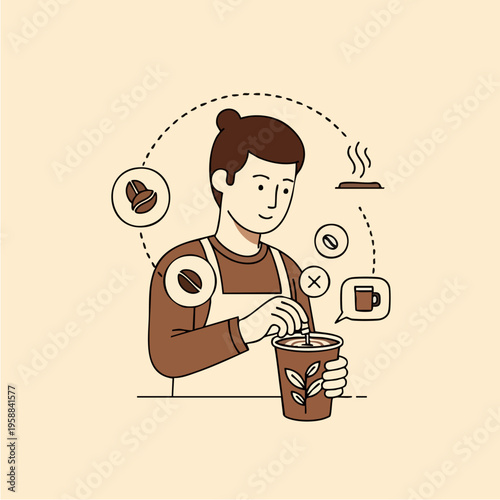Barista Preparing Coffee Drink with Ingredients Icons.