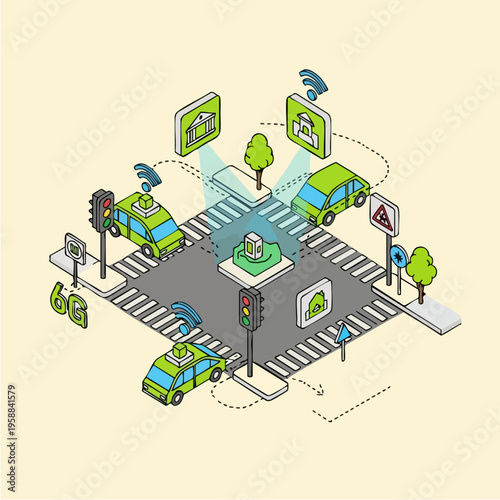 Autonomous cars on road intersection.