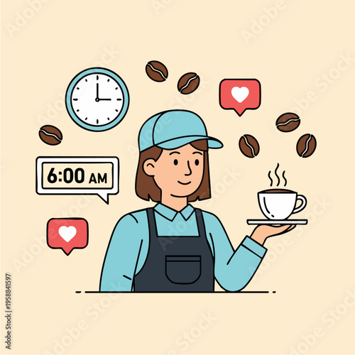 Barista serving coffee at 6 AM with coffee beans and social media likes.