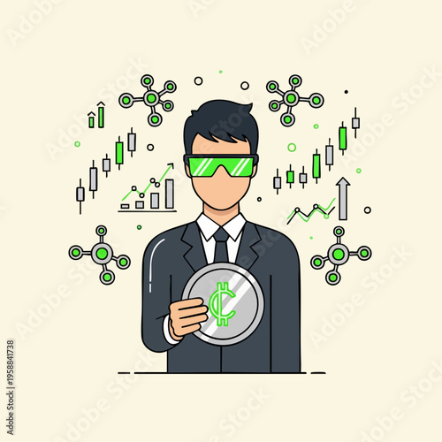 Businessman with green glasses holding a cryptocurrency coin, surrounded by financial charts and blockchain symbols.