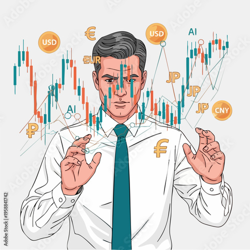 Businessman with stock market graphics.