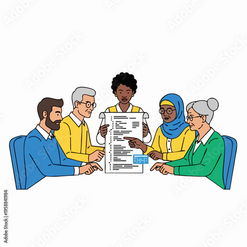 Diverse group discussing document.