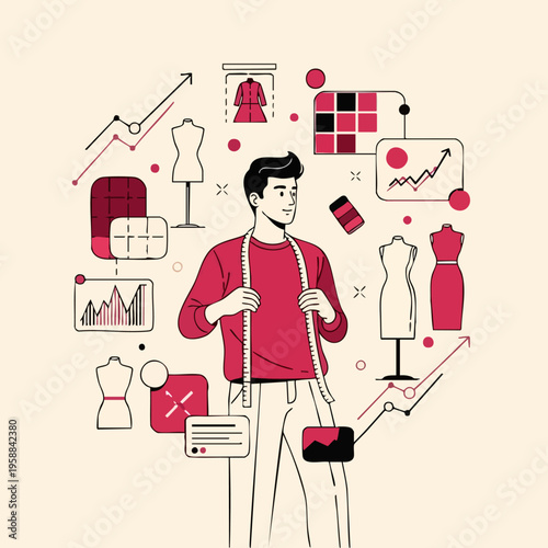 Fashion Designer with Measuring Tape Surrounded by Design Elements and Business Graphics.