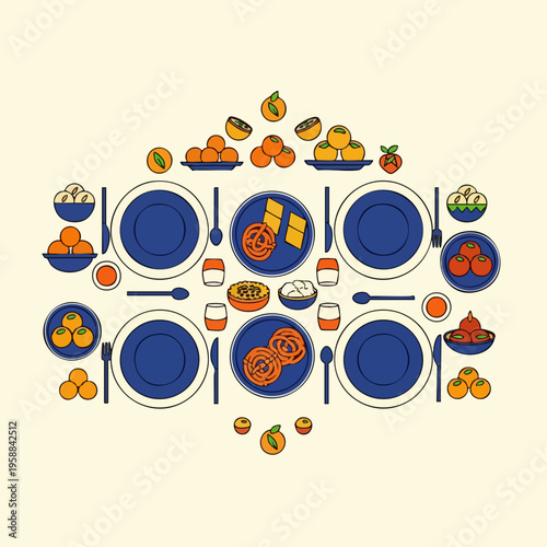 Food and dishes on table.