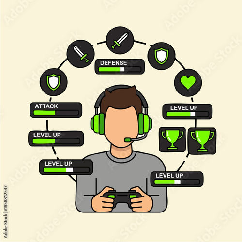 Gamer with headset and controller surrounded by game stats and level up icons.