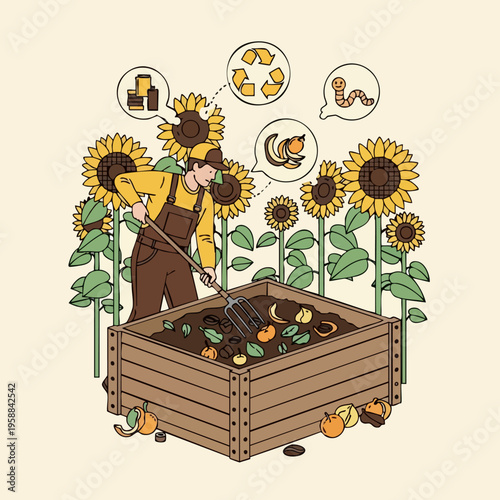 Gardener composting organic waste with sunflowers in a wooden bin.