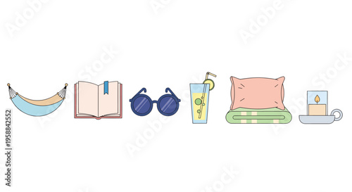 Relaxation icon set includes hammock, book, sunglasses, cocktail, pillow, and candle.