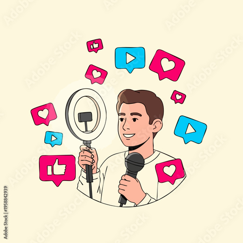 Male influencer creating content with ring light and microphone surrounded by social media icons.