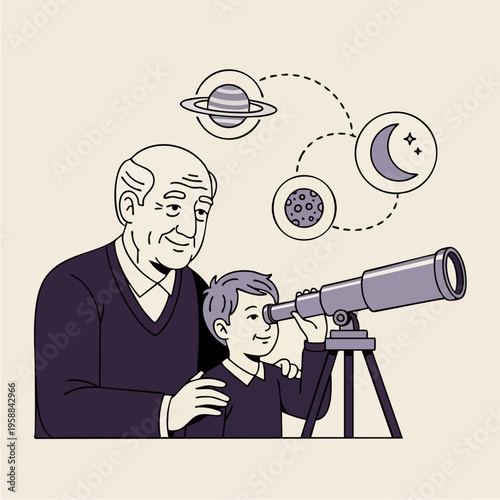 Man and boy using telescope.