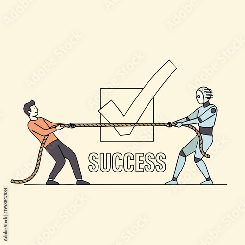 Man and robot in tug of war.