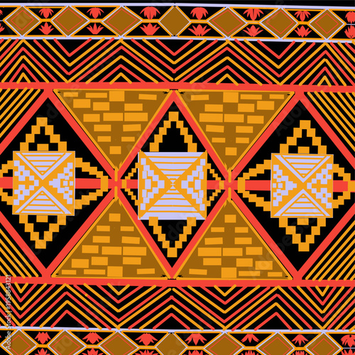 nAn ethnic wallpaper design featuring bright colors—a combination of orange, red, and white stripes—that form ornate patterns, creating a traditional yet elegant and luxurious look.