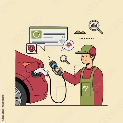 Man charging electric red car.