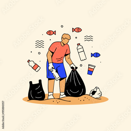 Man cleaning up beach, collecting plastic bottles and trash, promoting environmental protection.