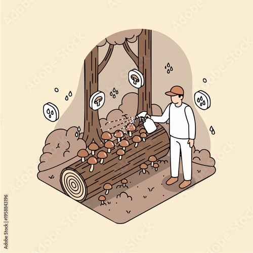 Man cultivating mushrooms on a log in a forest setting.