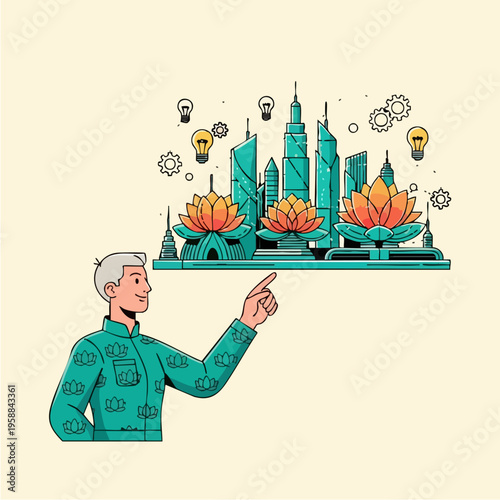 Man holding cityscape with flowers.