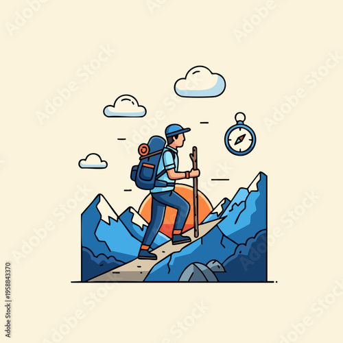 Man hiking on mountain peak.