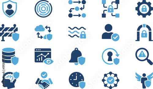 Collection of blue and dark blue icons representing various cybersecurity concepts and protective measures.