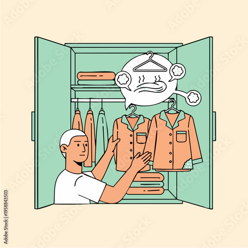 Man holding orange hotel uniform.