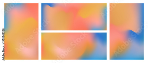 Set of bright vector fluid orange, blue and pink mesh gradient backgrounds. Abstract vibrant liquid colorful digital watercolor backdrops for futuristic concept, trendy design, banner